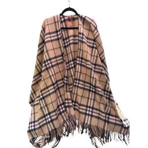 Patrick King Lambswool Cape Wrap Women OS Tan Plaid Fringed Poncho  Scotland‎